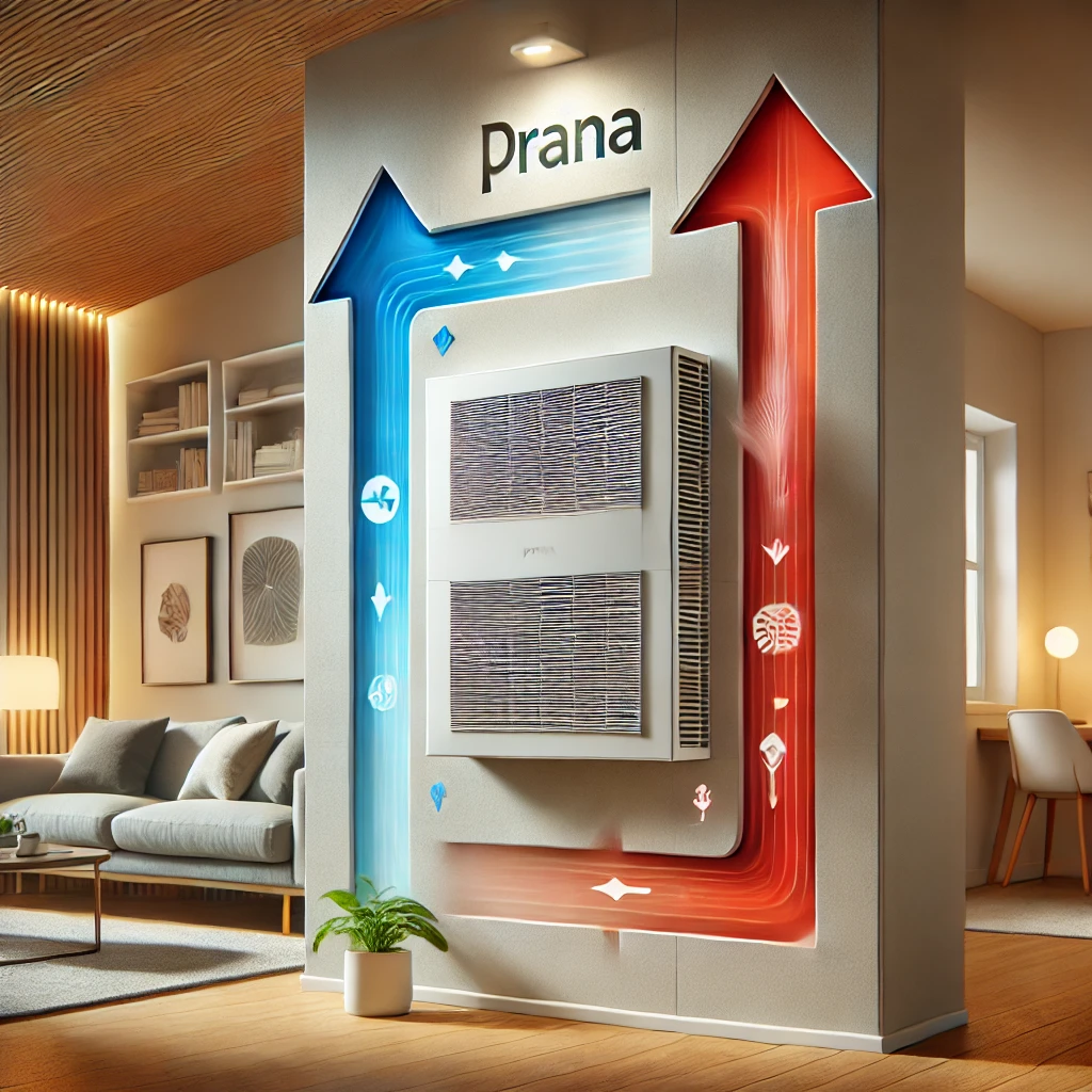 Recuperator de căldură Prana instalat într-o locuință, ilustrând schimbul de aer cu săgeți albastre și roșii pentru a evidenția eficiența energetică.